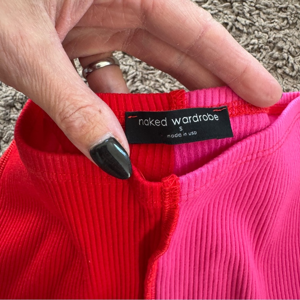 Naked Wardrobe Set Outfit Red Pink Crop Top Flare Leggings Colorblock Tall S - Picture 7 of 10